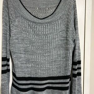 Gray and Black Crew Neck Sweater with Scoop Neckline and Striped Design